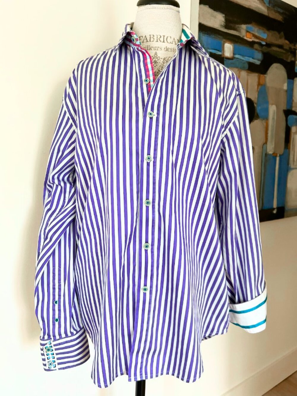 Men's Robert Graham Knowledge Purple Green White Striped Flip Cuff Shirt L